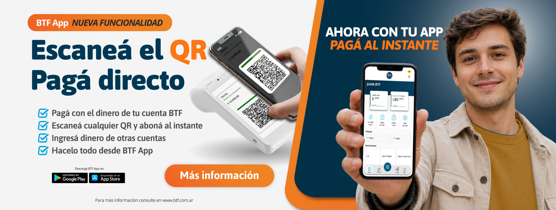 Imagen comercial promocionando Pagá con QR con BTF App. Nueva funcionalidad.