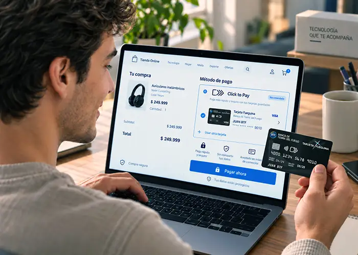 Joven comprando en plataforma de Ecommerce con Tarjeta Fueguina con servicio Click to Pay